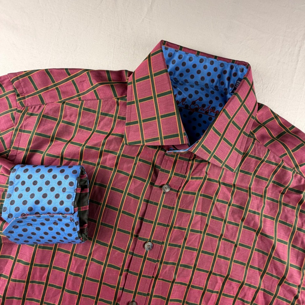 Robert Graham Button Down Shirt Windowpane Plaid Mens Large Green Polka Dot 0174
